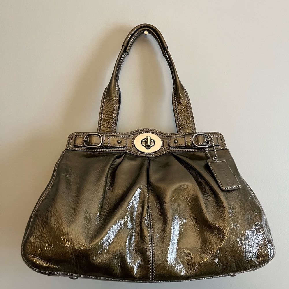Coach Mia Gunmetal Pleated Patent Leather Carry All Shoulder Bag